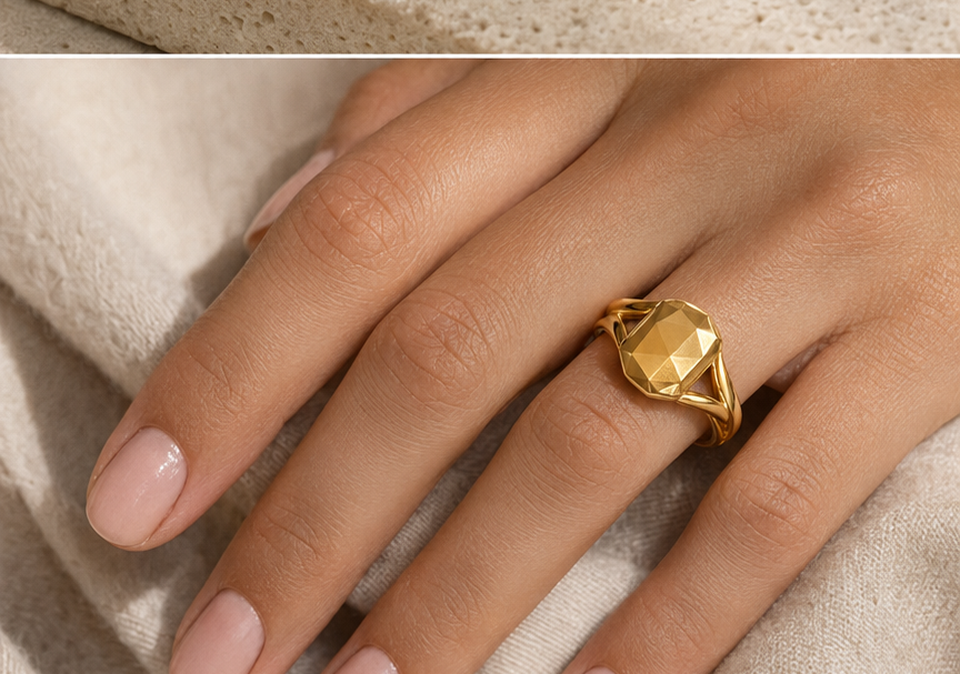 Crowncut Signature solid gold ring worn on a woman's hand