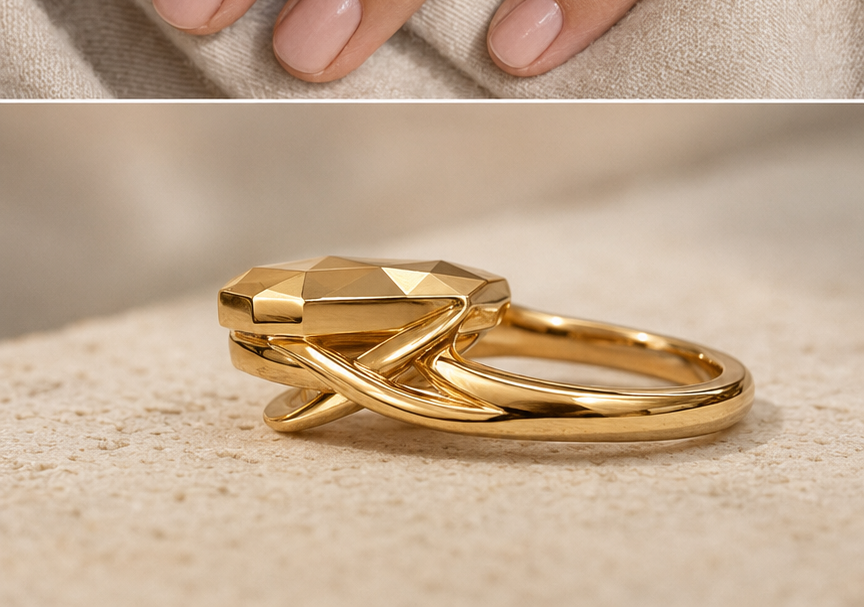 Crowncut Signature solid gold ring side detail