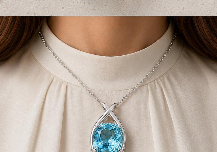 Crownline Aquamarine Grand pendant worn by a woman