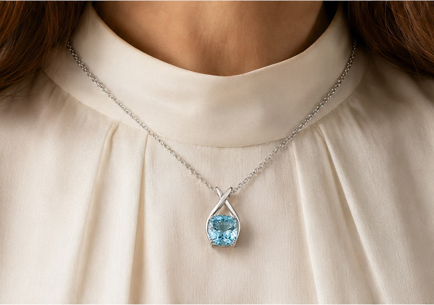 Crownline Aquamarine Signature pendant worn by a woman