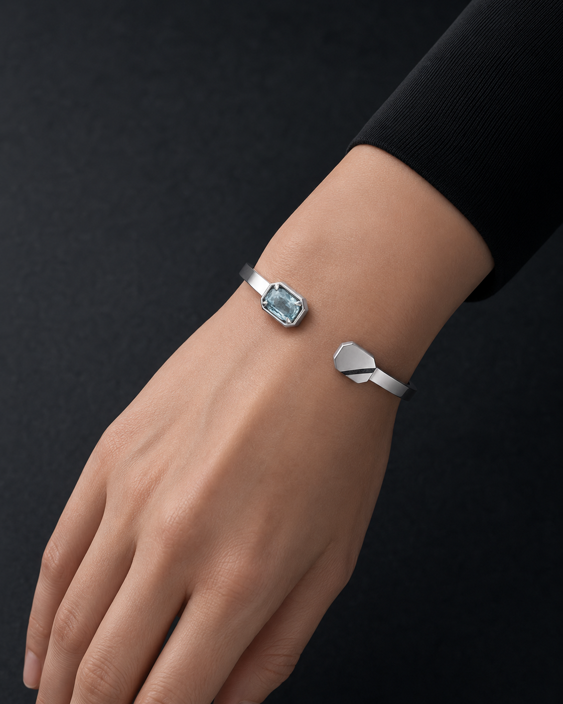 Cipher Cuff 07 worn by a woman; approximate scale