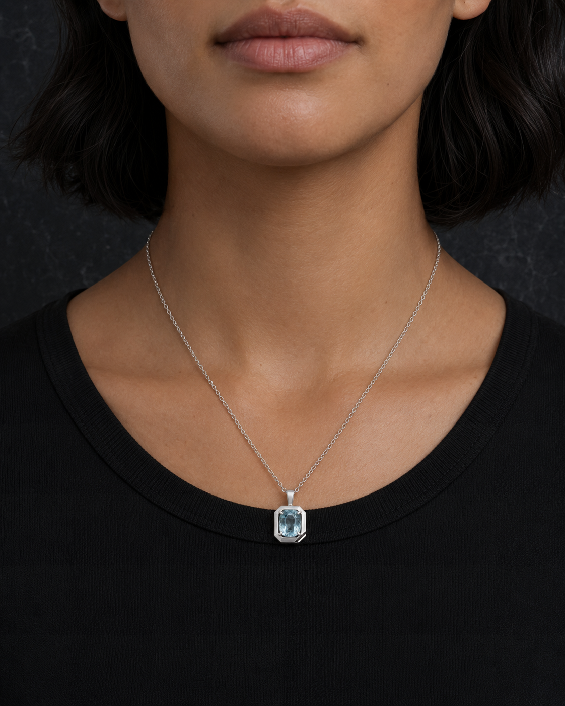 Cipher Pendant 01 worn by a woman; approximate scale