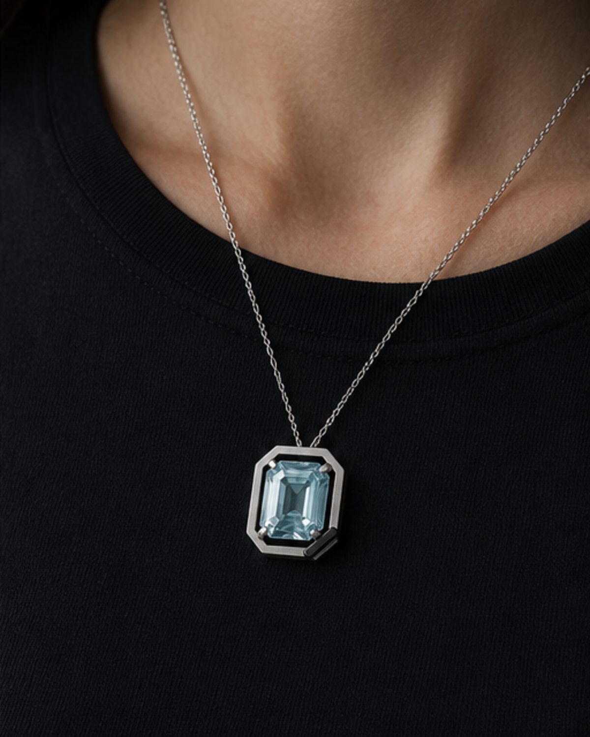 Adult woman wearing Cipher Pendant 09 at approximate scale