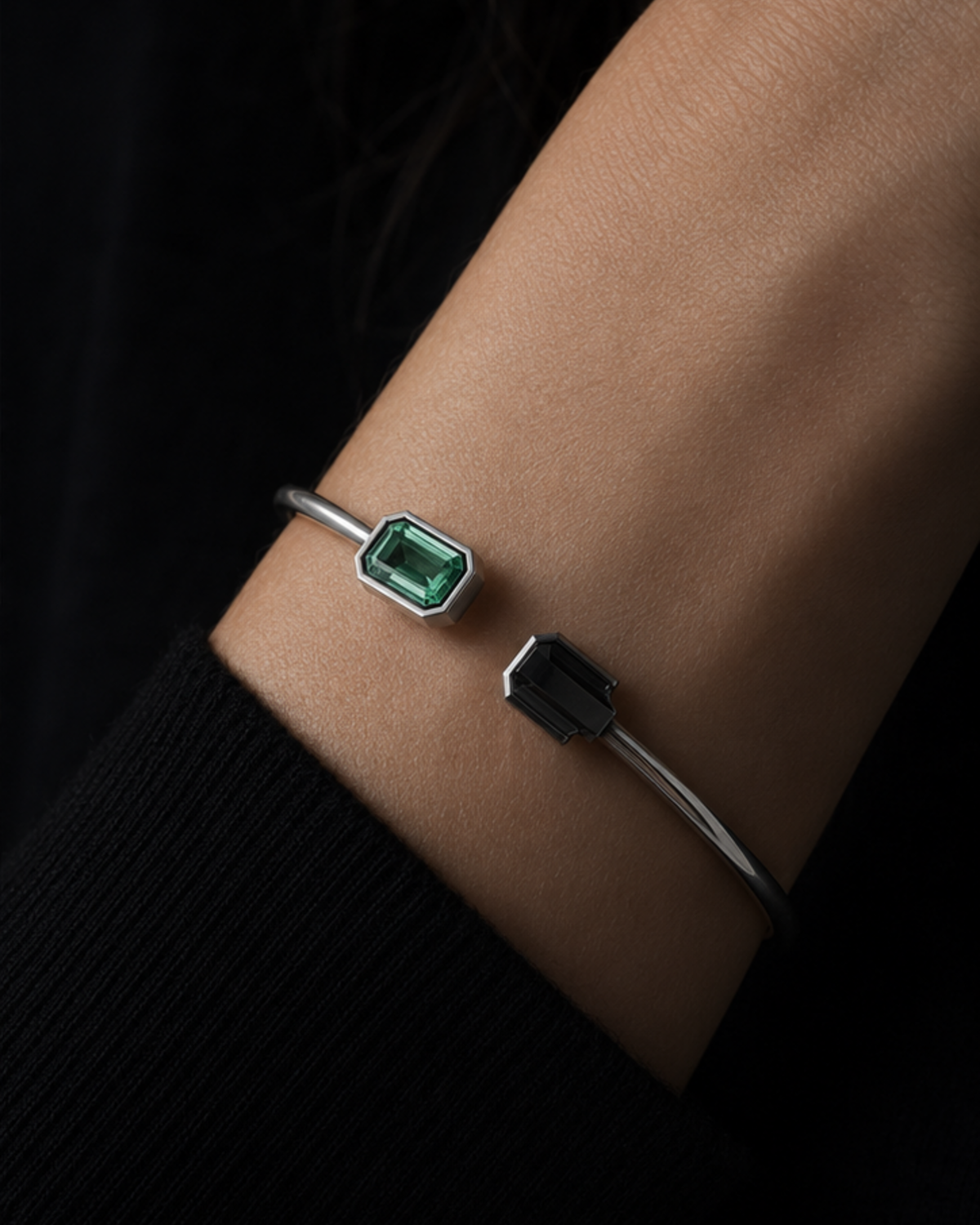 Adult woman wearing Cipher Bangle 19 at approximate scale