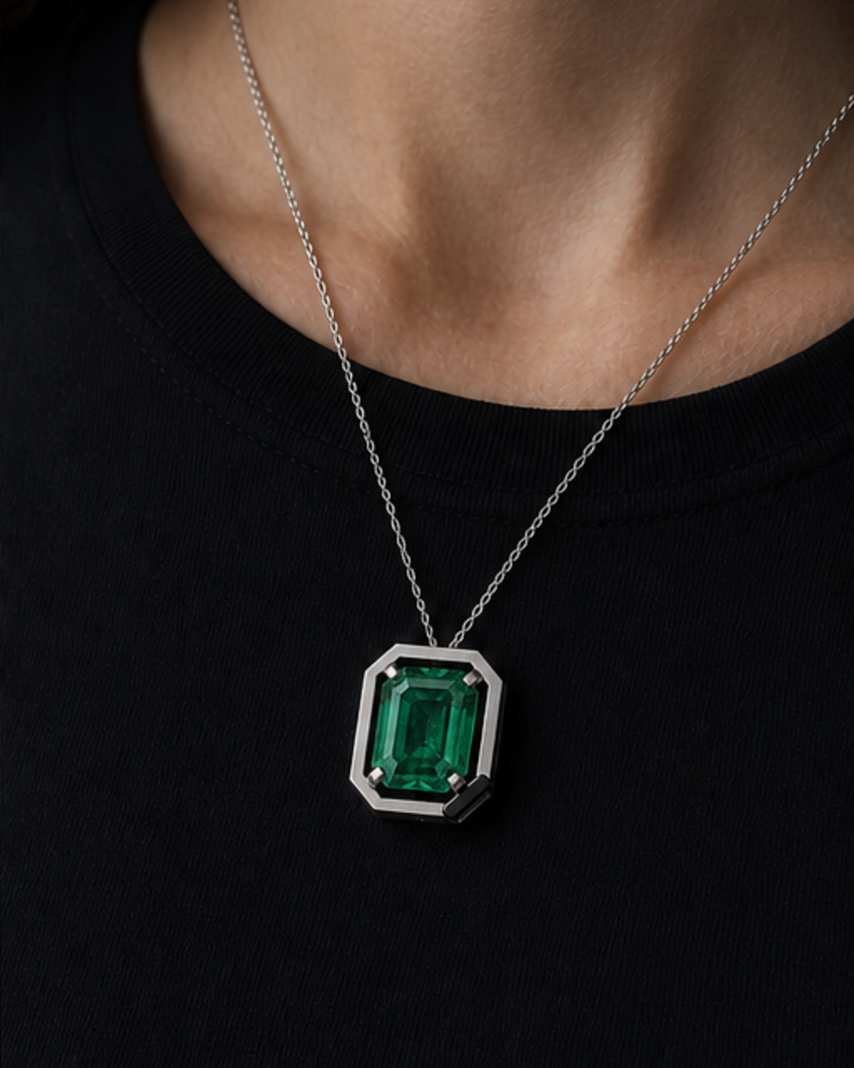 Adult woman wearing Cipher Pendant 10 at approximate scale