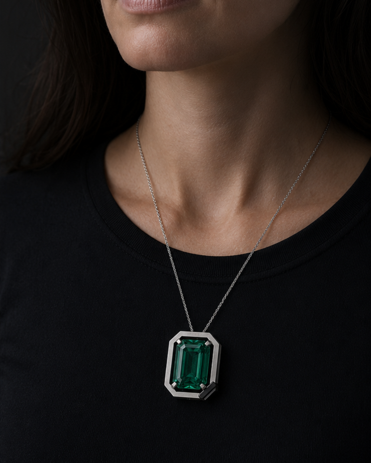Adult woman wearing Cipher Monument 11 at approximate scale