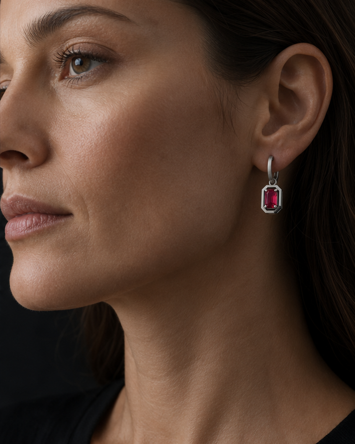 Adult woman wearing Cipher Hoops 17 at approximate scale