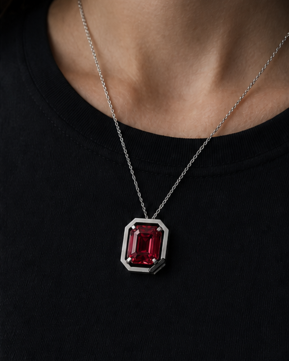 Adult woman wearing Cipher Pendant 12 at approximate scale