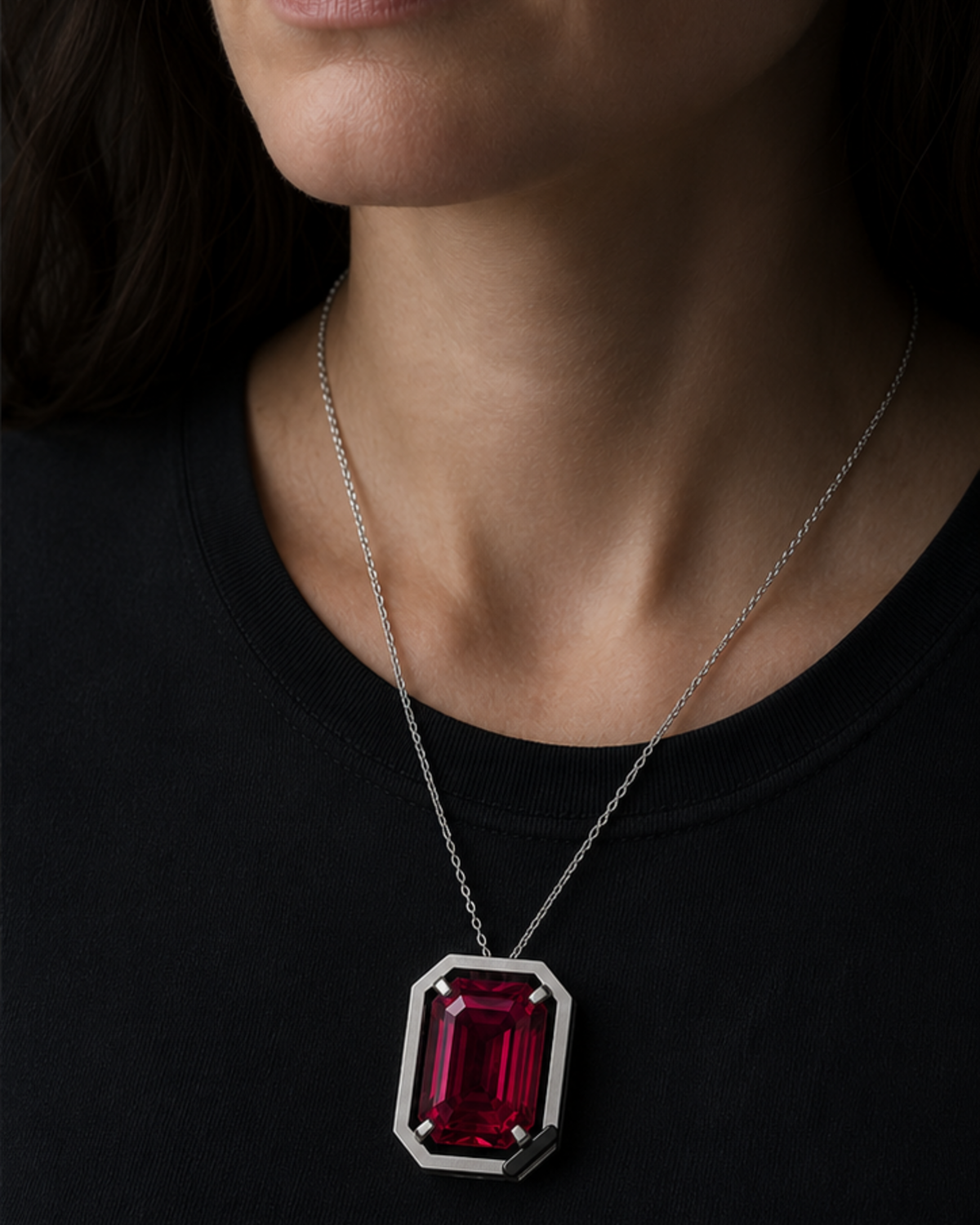 Adult woman wearing Cipher Monument 13 at approximate scale