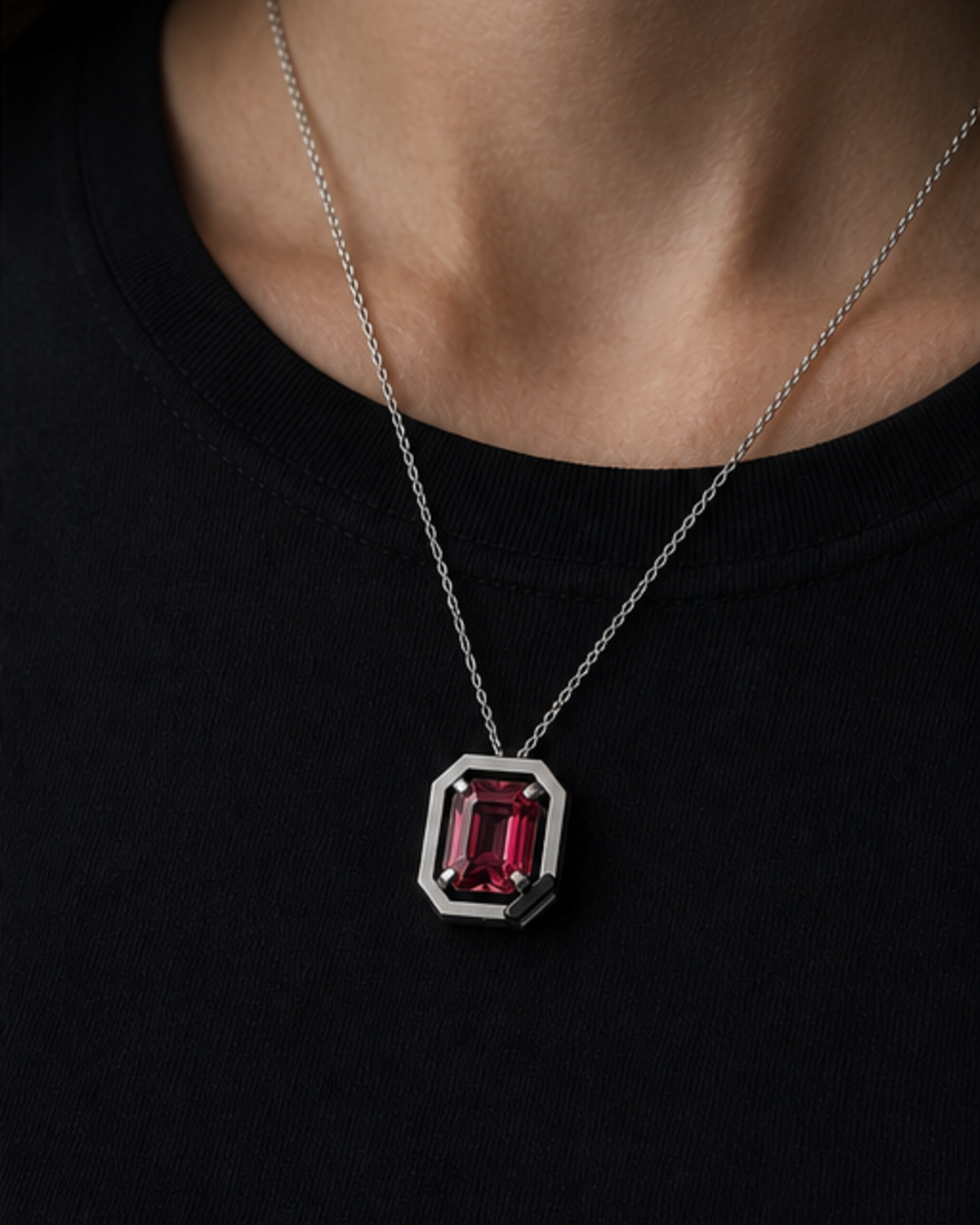 Adult woman wearing Cipher Pendant 14 at approximate scale