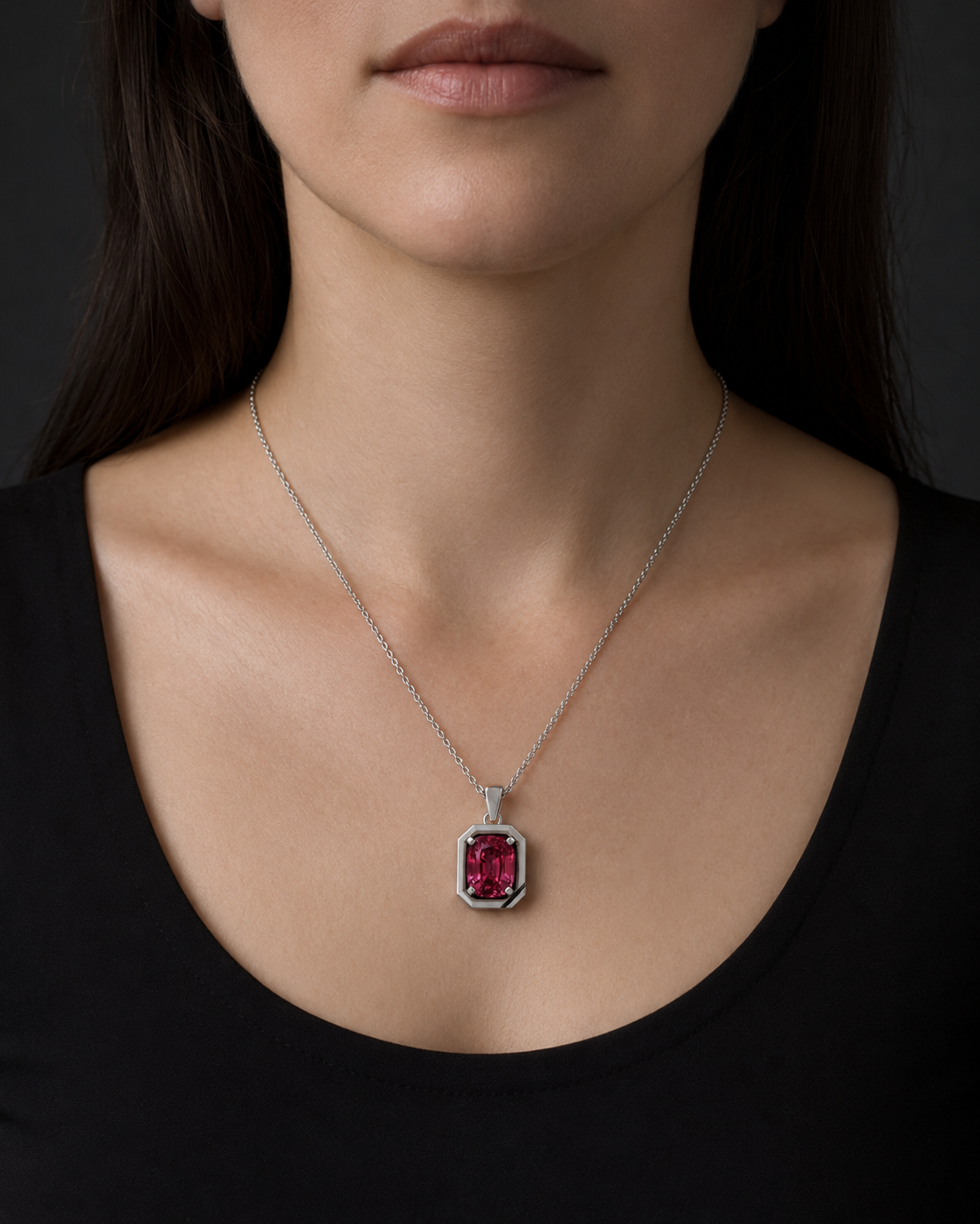 Cipher Pendant 05 worn by a woman; approximate scale
