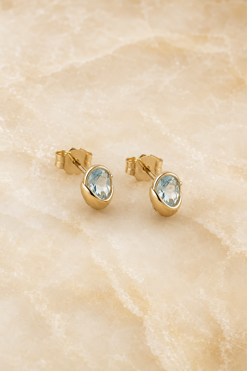 Veil Aquamarine Petal Studs — 14k Gold product visualization on warm alabaster