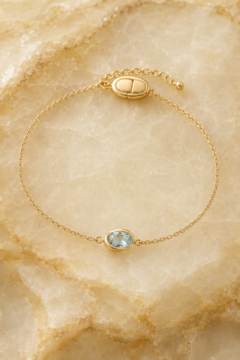 Veil Aquamarine Thread Bracelet — 14k Gold product visualization on warm alabaster