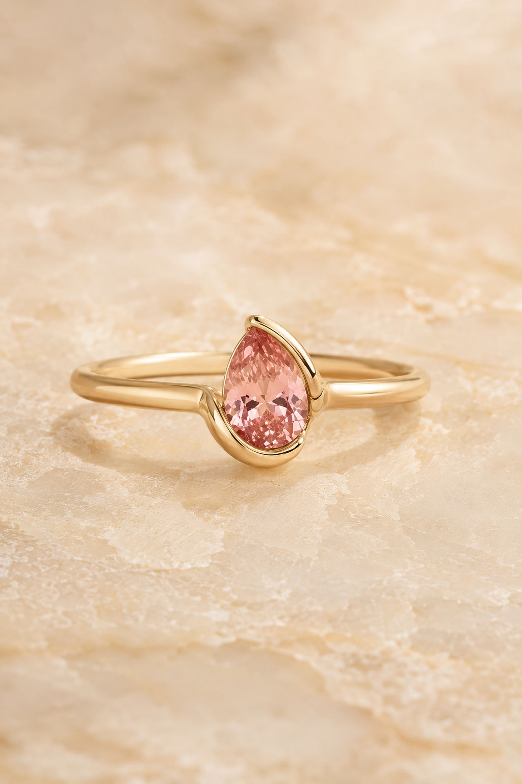 Veil Pink Spinel Petal Ring — 14k Gold product visualization on warm alabaster