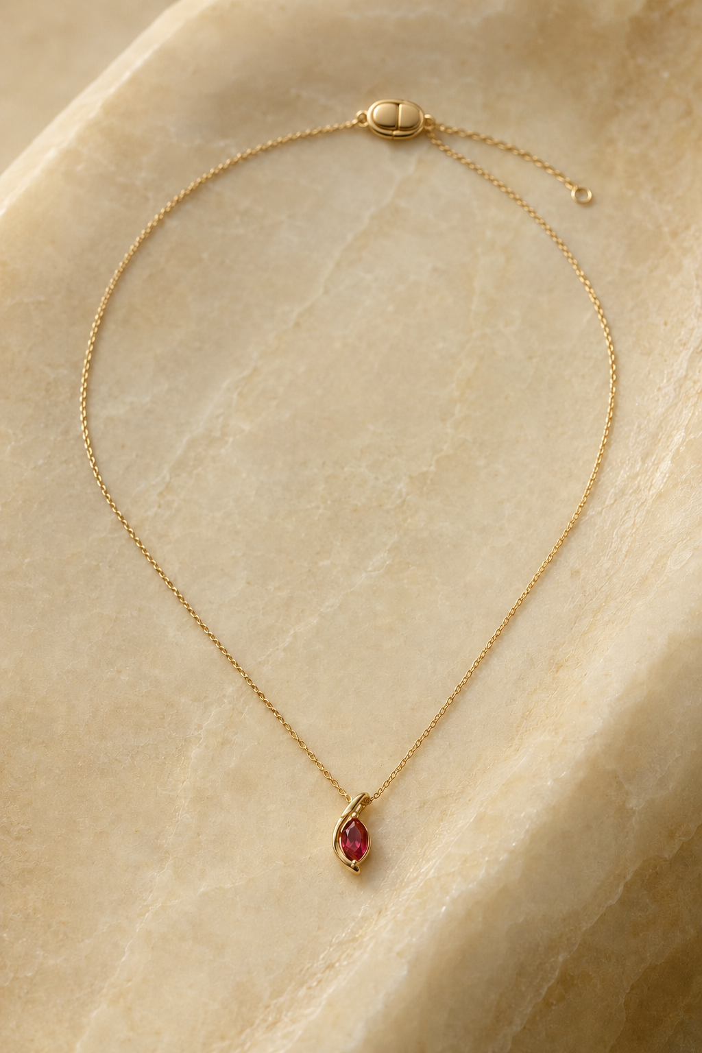 Veil Ruby Thread Necklace — 14k Gold product visualization on warm alabaster