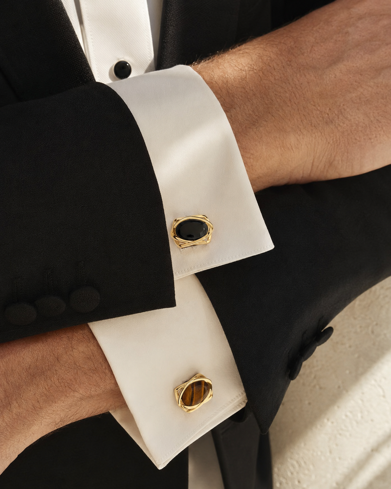 Forgemier Double Aspect Cufflinks in 14k yellow gold with black onyx and tiger eye, shown worn to scale