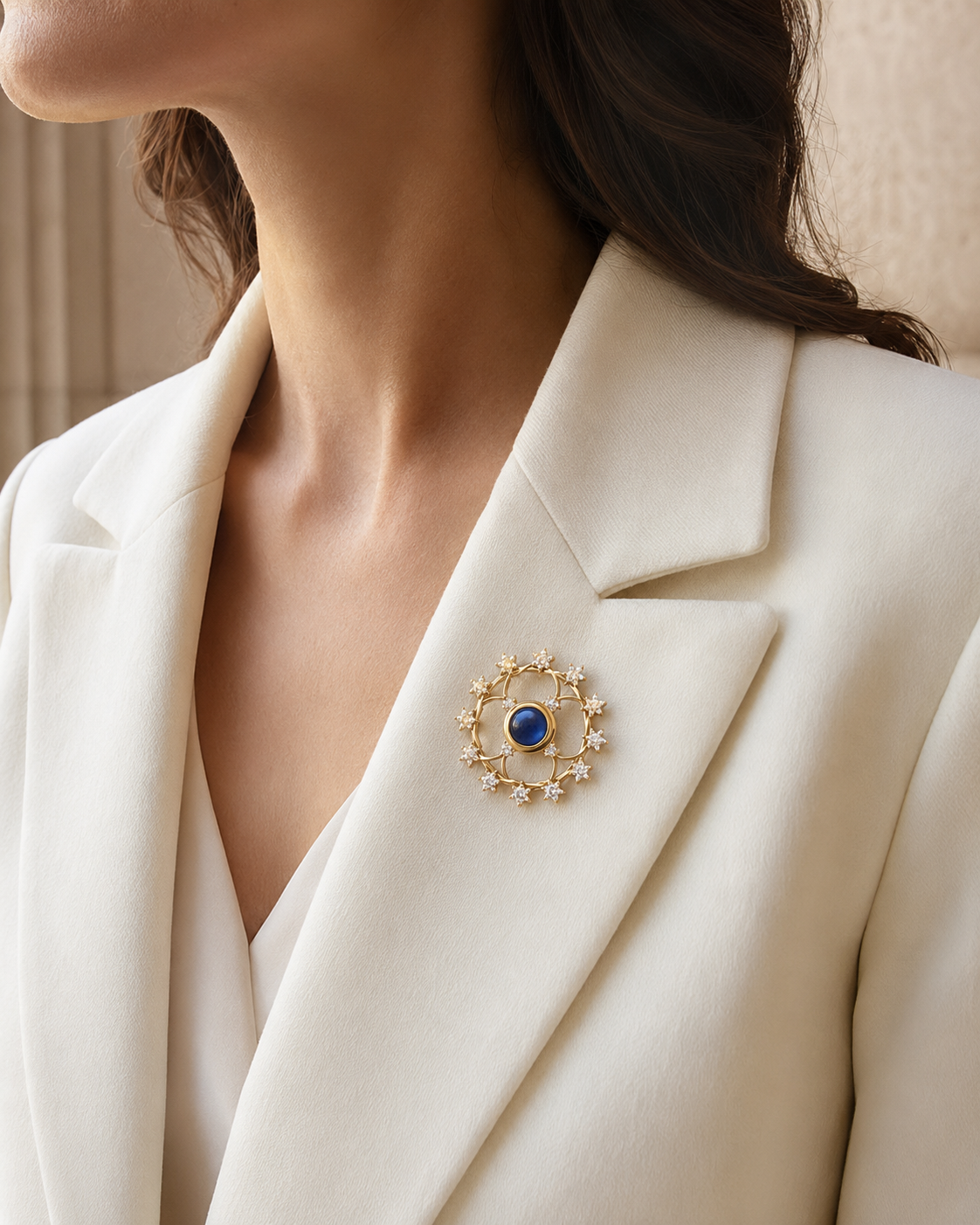 Forgemier Founding Stars Halo Brooch in 14k yellow gold with sapphire and lab-grown diamonds, shown worn to scale