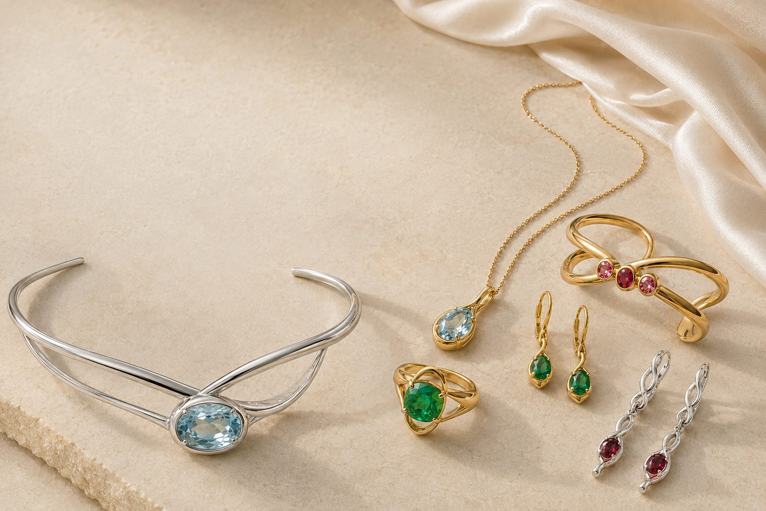 Forgemier delicate and substantial silver and gold gemstone jewelry arranged together on pale limestone