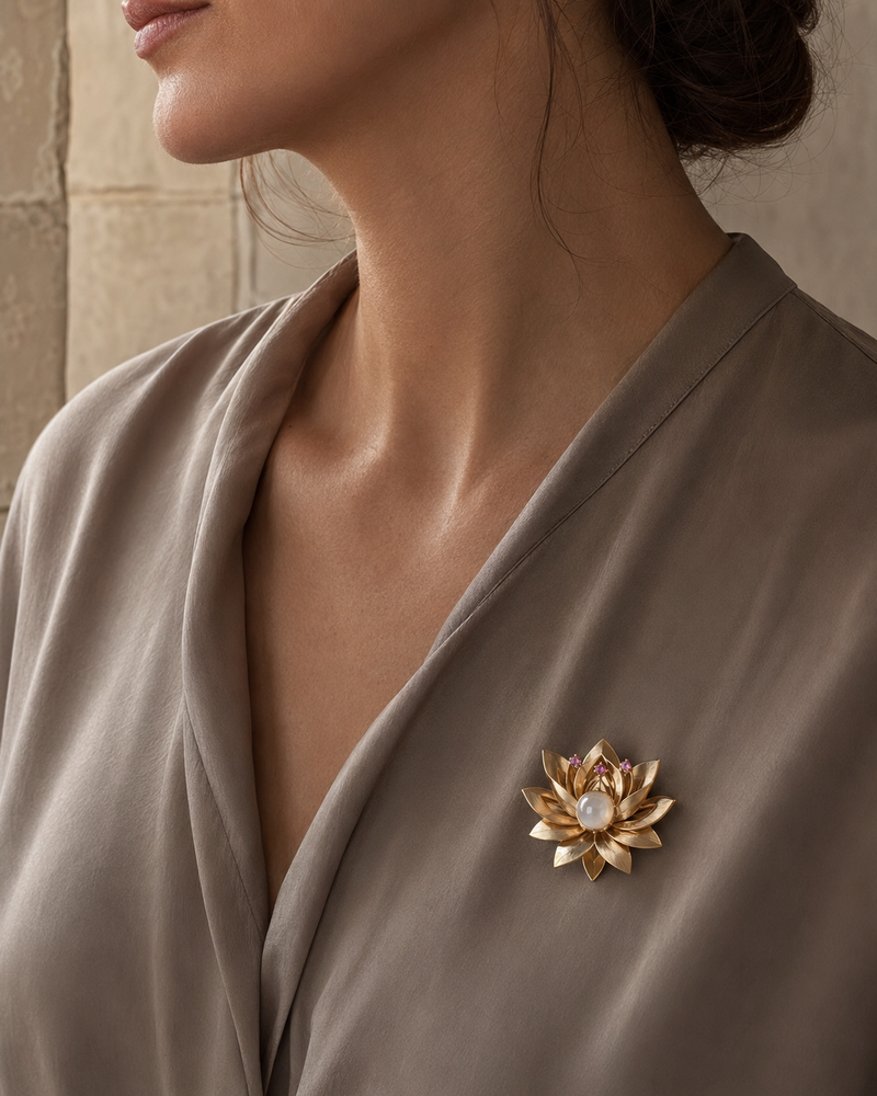 Forgemier Lotus Dawn Brooch in 14k yellow gold with moonstone and pink tourmaline, shown worn to scale