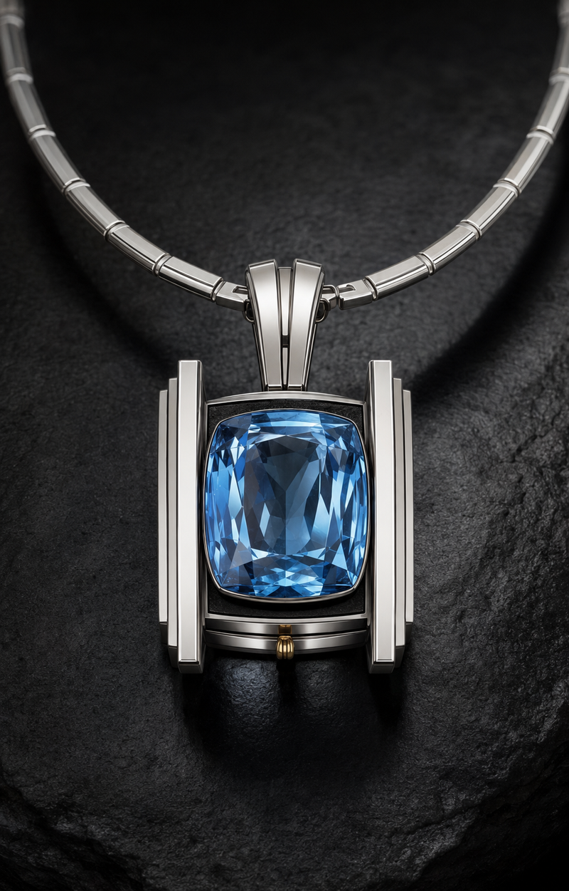 Concept rendering of The Meridian Reliquary aquamarine pendant