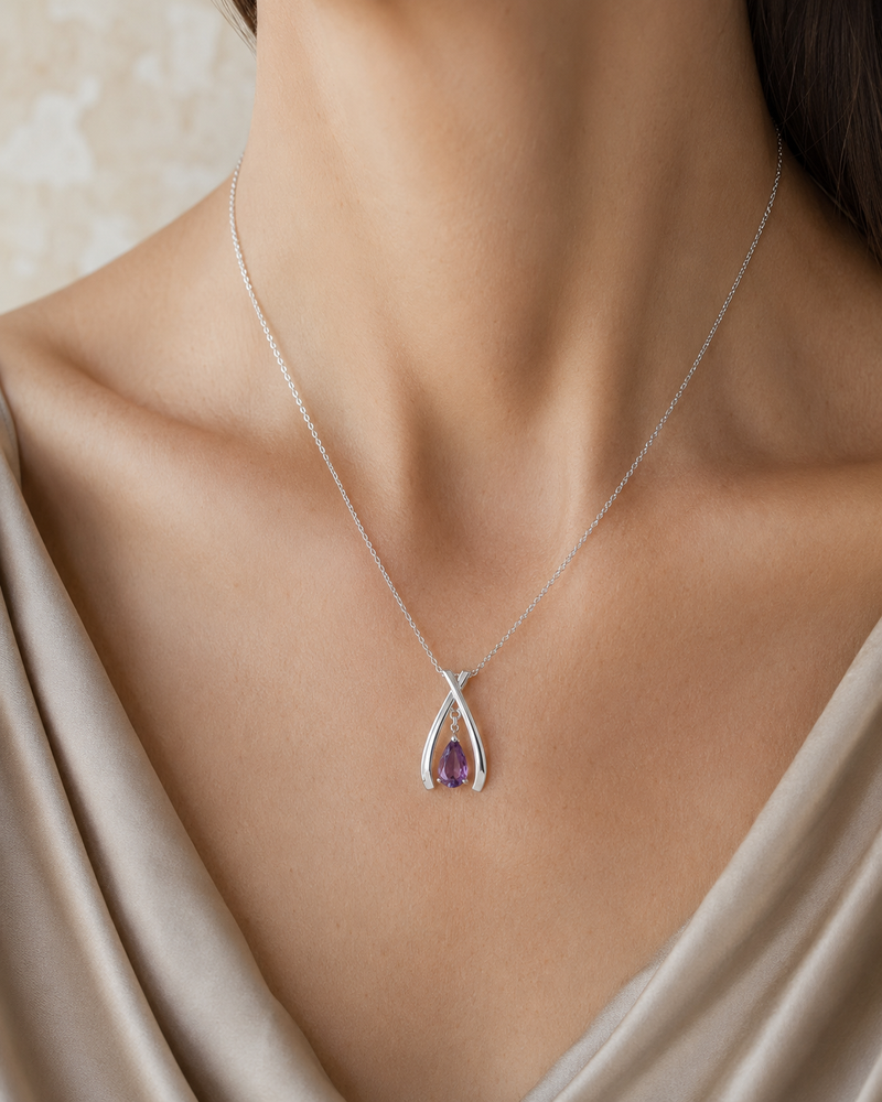 Forgemier Pendulum Gem Drop Necklace in sterling silver with amethyst, shown worn to scale