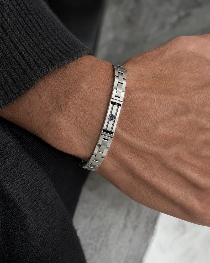 Forgemier Quarry Rail Bracelet in sterling silver with sapphire and black onyx, shown worn to scale