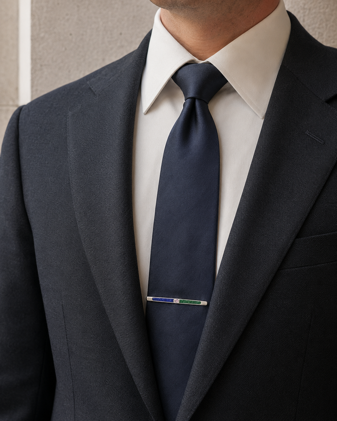 Forgemier Stonebeam Tie Bar in sterling silver with lapis malachite and diamond, shown worn to scale