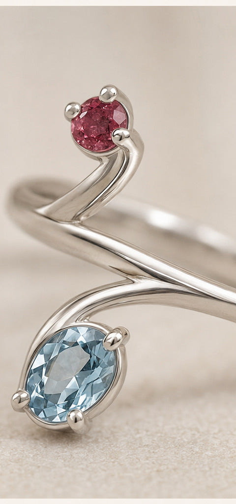 Lilt Bypass Ring — Aquamarine & Ruby — silverwork construction detail