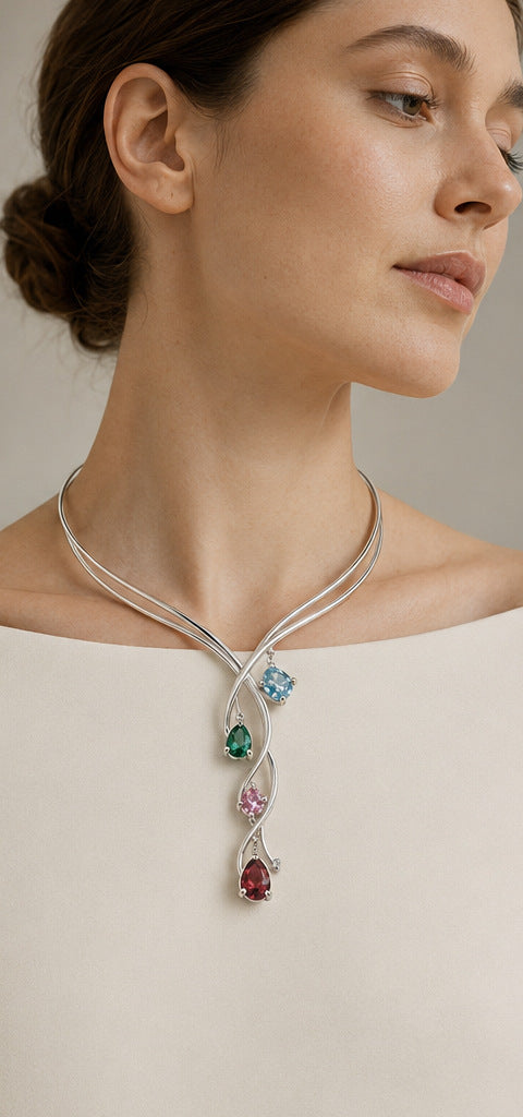 Lilt Cascade Collar — Mixed Gemstones — shown worn by a woman for scale
