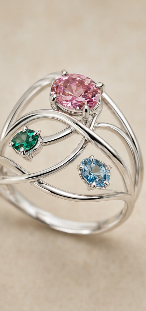 Lilt Orbit Ring — Mixed Gemstones — silverwork construction detail