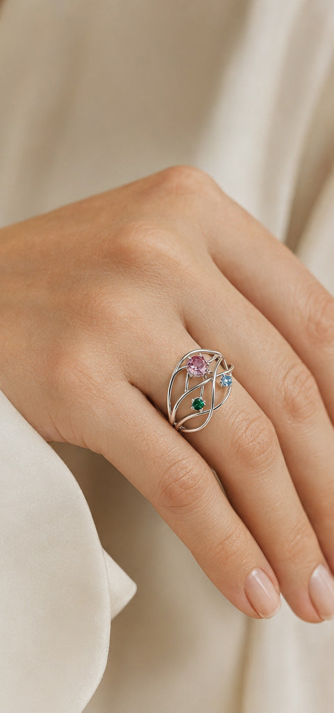 Lilt Orbit Ring — Mixed Gemstones — shown worn by a woman for scale