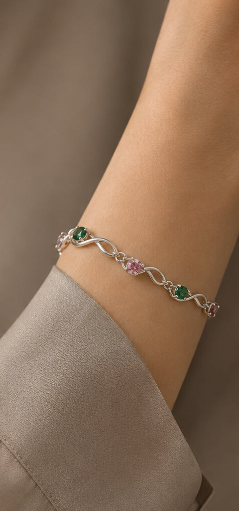 Lilt Trellis Bracelet — Mixed Gemstones — shown worn by a woman for scale